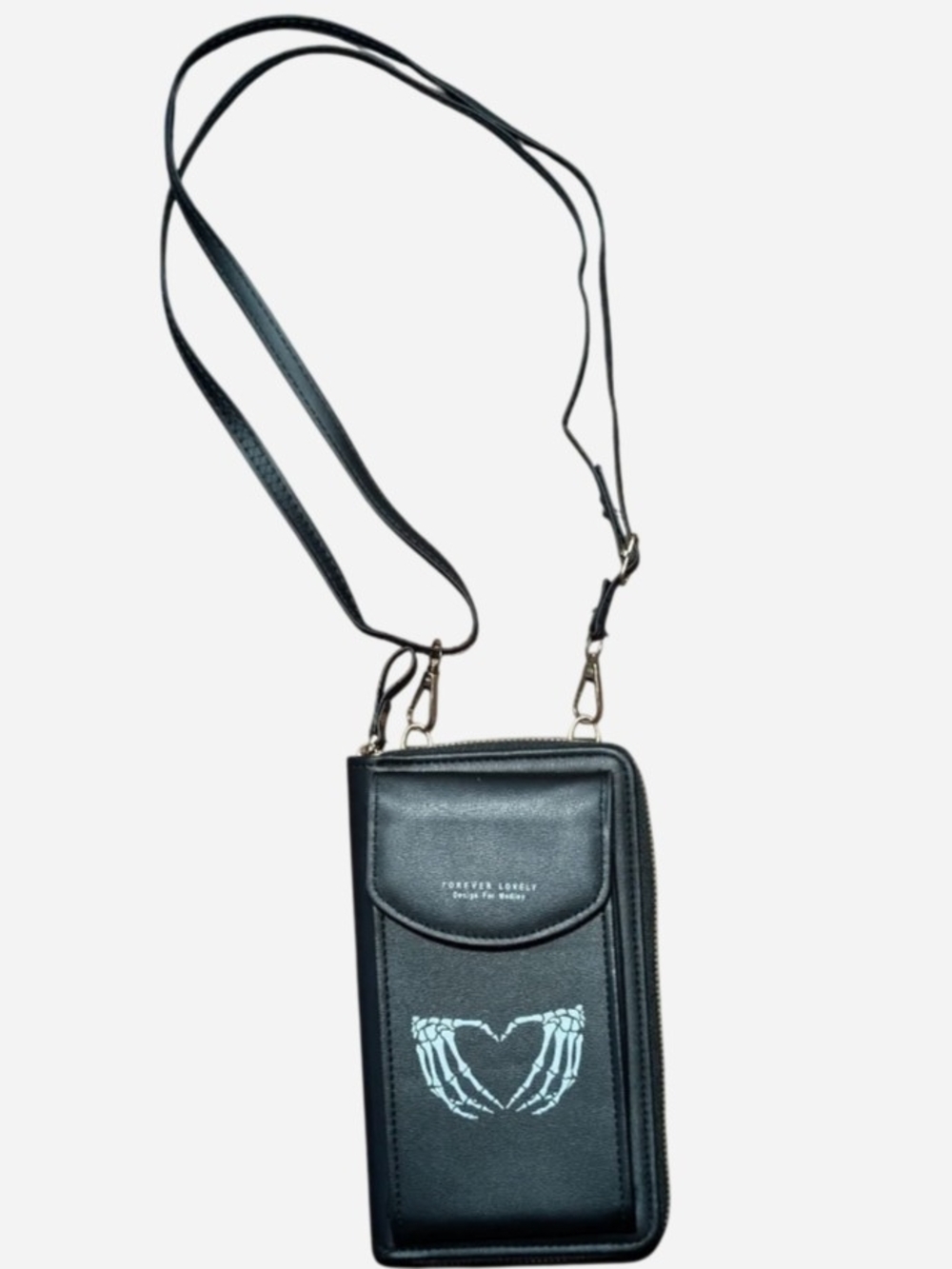 Black Crossbody Phone Bag with Skeleton Heart Detail